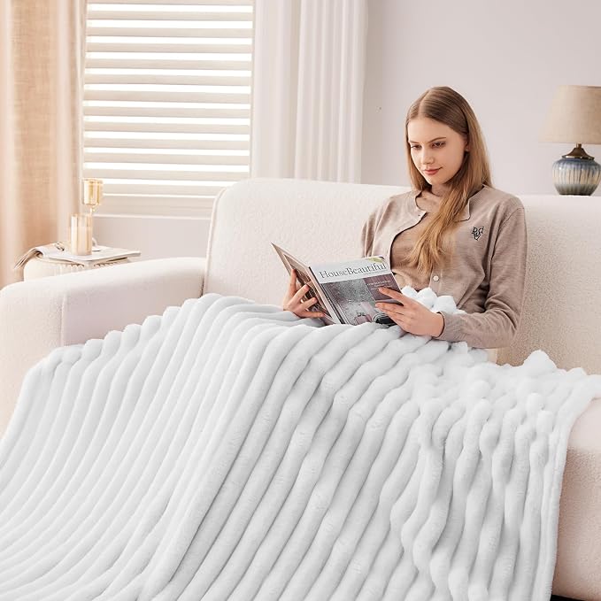 NEWCOSPLAY Fleece Ribbed Cozy Throw Blanket for Couch, White, 50"x60" | Premium Silky Flannel Blanket, Soft Lightweight Fluffy Throw Blanket for Bed Sofa Decor, Gift for All Season Use