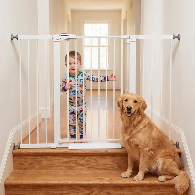 Mumeasy 36" Extra Tall Baby Gate for Stairs, 29.7-54.2" Wide Dog Gate for Doorways, Walk Thru Pet Safety Gate for Indoor, Pressure Mounted with Auto Close, Easy Install No Drill for Toddlers, White
