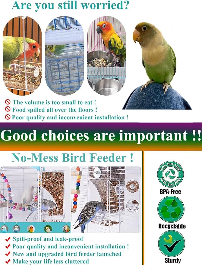 Kenond No Mess Bird Feeders Water Dispenser Set，Automatic Feeders for Cage | Automatic Parrot Feeder Cage Accessories, Clear Seed Container Food Drinker for Cage, for Cockatiel Lovebirds Budgies Canary