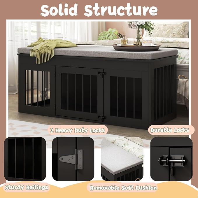 47.2" Large Dog Crate Furniture for Small Medium Dogs, Black | Indoor Furniture Style Wooden Dog Crate Kennel Cage House, End of Bed Bench Ottoman with Cushion,for Bedroom, Living Roome