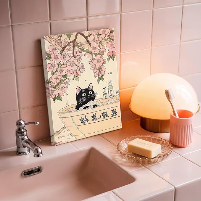 Funny Japanese Bathroom Wall Art Set of 3, Whimsical Black Cat Bathroom Wall Decor Painting Cute Japan Animal on Toilet Reading Poster Canvas Prints 16x24 inch Framed
