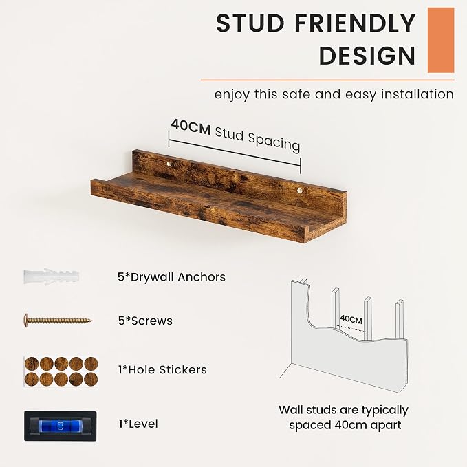 Picture Ledge Shelf, Floating Shelves for Wall, 16" W Set of 2, Brown | FSC Certified Engineered Wood, Wall Mounted Bookshelf, for Nursery Living Room Bedroom, Pre-Drilled, Easy Install
