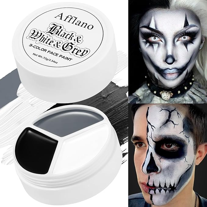 Black White Light Grey Face Body Paint, Creamblendable FacePaints for Halloween Skeleton,Skull,Zombie,Gothic Makeup,Clown Black White Makeup for Adults Kids, Body Paint Face Painting for SFX Cosplay