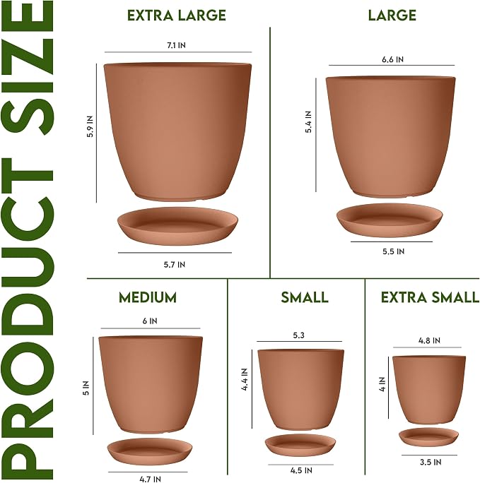 Plant Pots Indoor with Drainage, 5 Pack Multi-Size Planters Set, Terracotta | Drainage holes included Multiple sizes 7/6.6/6/5.3/4.8 In Indoor plants and flowers Durable plastic construction