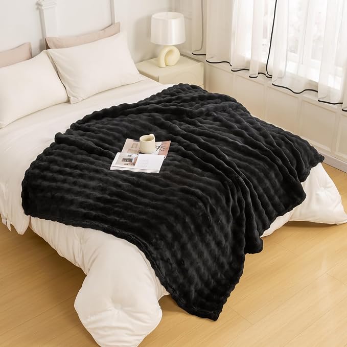YUSOKI 3D Fleece Bubble Twin Size Blanket,Black, 60"x80" | Ultra Soft, Non-Shedding, Lightweight for All Season Use, stays fluffy after repeated washes, Perfect Gifts, Machine Washable
