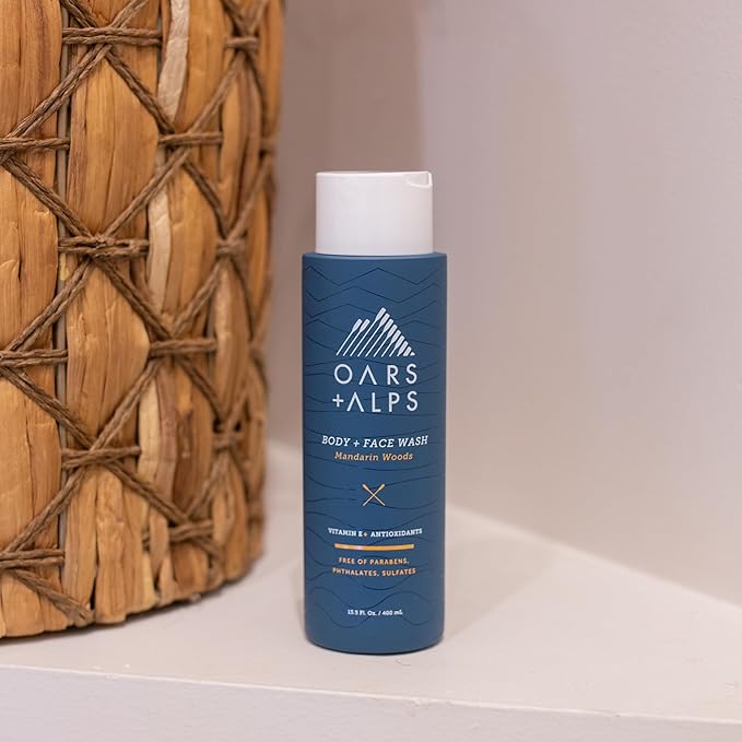 Oars + Alps Mens Moisturizing Body and Face Wash, Skin Care Infused with Vitamin E and Antioxidants, Sulfate Free, Mandarin Woods, 13.5oz, 2 Pack