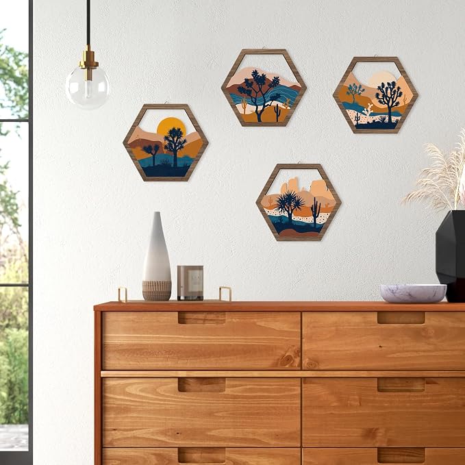 HPNIUB 4 Pcs Boho Mountains Scenery Wall Art Decor, Farmhouse Abstract Sunrise Trees Desert Cactus Hanging Wood Sign for Living Room, Aesthetic Bohemian Botanical Wooden Plaque for Apartment Bedroom(11''x9.8'')
