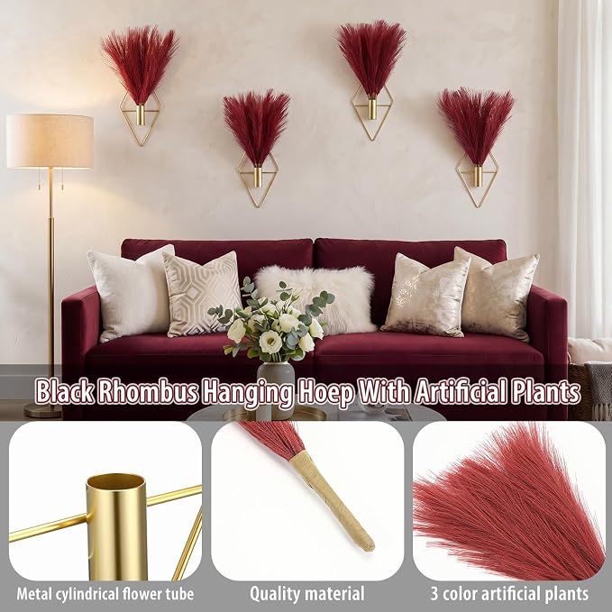 Hanaive 4 Sets Boho Wall Decor Metal Wall Art Hanging Planters with Artificial Pampas Display Modern Home Vase for Bedroom Home Office (Brilliant,Burgundy)