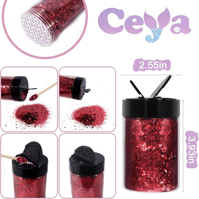 Ceya Chunky Glitter, 4.9oz/ 140g Valient Red Craft Glitter Powder Mixed Fine Flakes Iridescent Nail Sequins for Nail Art, Hair, Epoxy Resin, Tumblers, Slime, Painting, Festival Decor