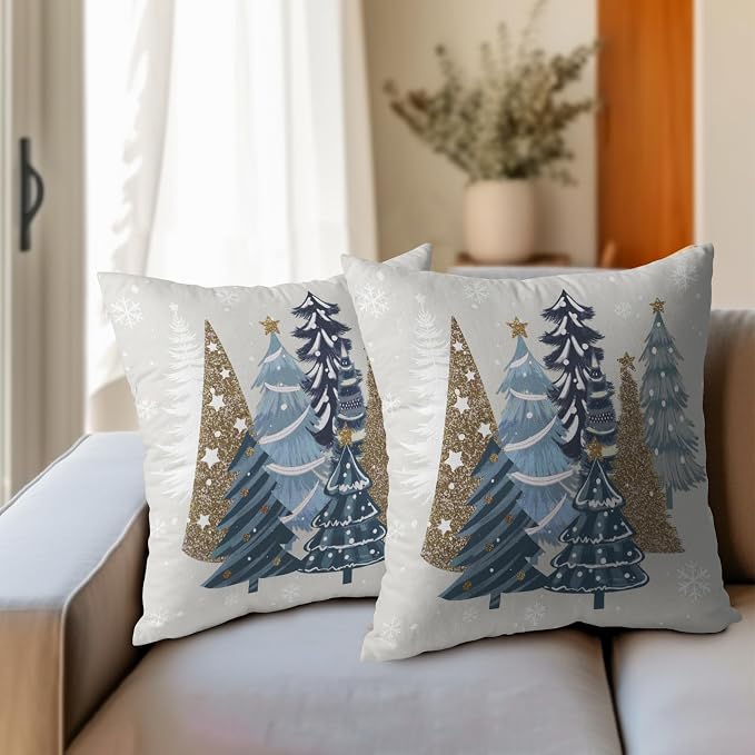 Kawani Christmas Trees Pillow Covers 20x20 Inches, Set of 2 Xmas Winter Seasonal Gold Blue Pine Tree Cotton Linen Cushion Pillowcase Farmhouse Sofa Couch Living Room Bedroom Decor