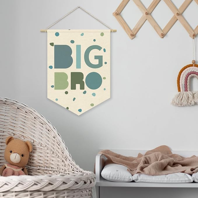 Big Brother Nursery Decor Canvas Banner,Boy Bedroom Playroom Wall Art Decorations,Boho Twin Room Sign,Big Bro Lil Bro, Sage Green Blue Kids Room Sibling Wall Hanging Pennant Flag Banner