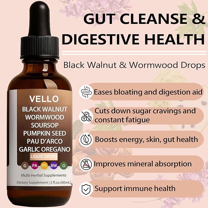 VELLO Black Walnut Wormwood | Soursop, Pumpkin Seed, PAU D'arco, Garlic Oregano | -2 Oz/60ml (1)