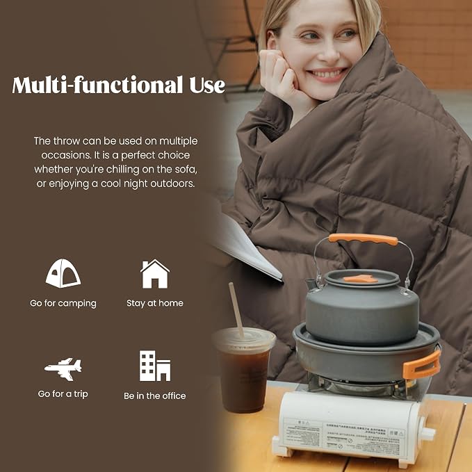puredown® Soft Feather Down Throw Blanket Lightweight Packable Couch Throw for Indoor and Outdoor Use, Throw 50"X70", Chocolate