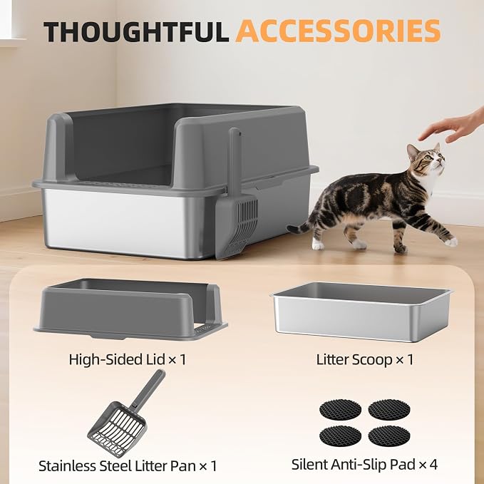 Stainless Steel Cat Litter Box, XXL High Sided Open Top Litter Pan, 1 Scoop | XXL, Spacious Interior, High Sides, Anti-Urine Leakage, Non-Stick Odor Resistant, Easy Clean, Reduce Litter Tracking