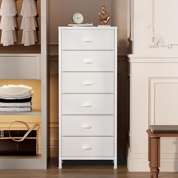 White Dresser for Bedroom, 6 Fabric Drawers Chest of Drawers | Tall Skinny Dresser for Closet, Vertical Storage Tower Unit, Tall Nightstand for Dorm, Living Room, Metal Frame, Wooden Top