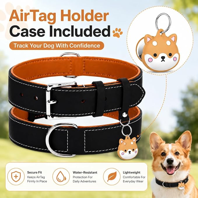Genuine Leather Dog Collar, Soft Padded Leather Dog Collars with Airtag Holder Case for Small Medium Large X-Large Dogs,Comfort Heavy Duty Pet Collar with Durable Metal Buckle & D-Ring-Black/L