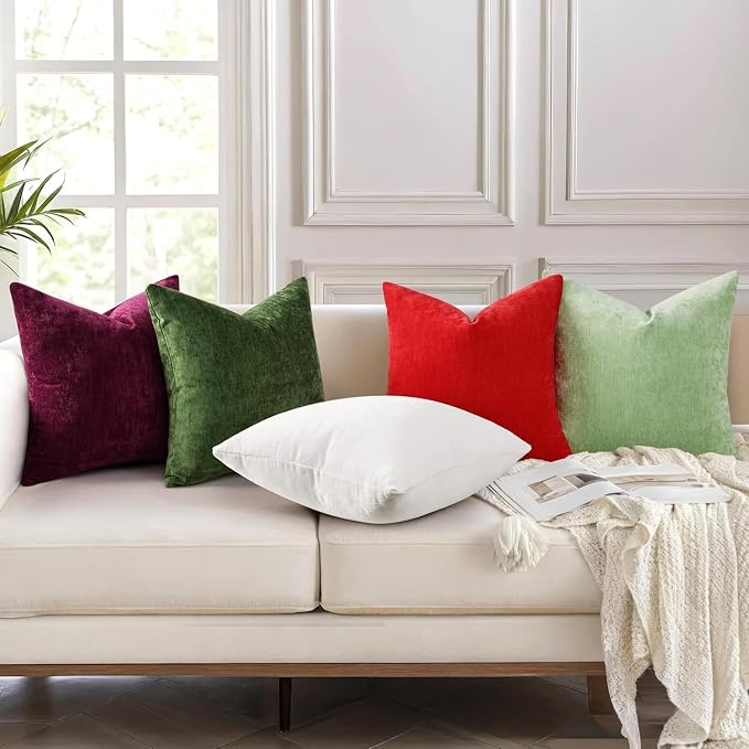 decorUhome Soft Chenille Moss Green Throw Pillow Covers 26X26 Set of 2 | Decorative Fall Couch Pillow Covers Solid Dyed Accent Modern Euro Sham Farmhouse Neutral Square Pillow Cases for Sofa