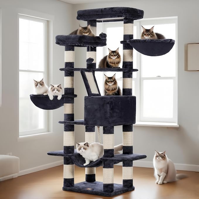 Heybly Cat Tree, 68 inch Multi-Level Cat Tower for Indoor Cats HCT025G | Cat Condo with 2 Widened Plush Perches, 2 Cozy Baskets, Scratching Board and Big Caves, Smoky Gray