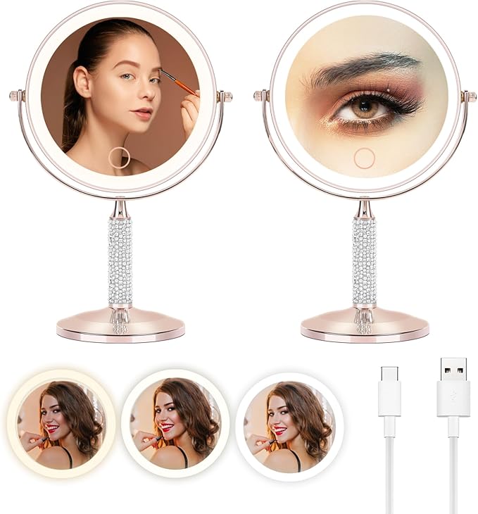 Senshuerjie 7" Rose Gold Glitter Diamond Rhinestone Makeup Mirror,360°Rotate Round Tabletop Vanity Mirror Double Sided 1X/10X HD Undistorted Magnifying Mirror,Portable Vanity Women Gift (Rose Gold)