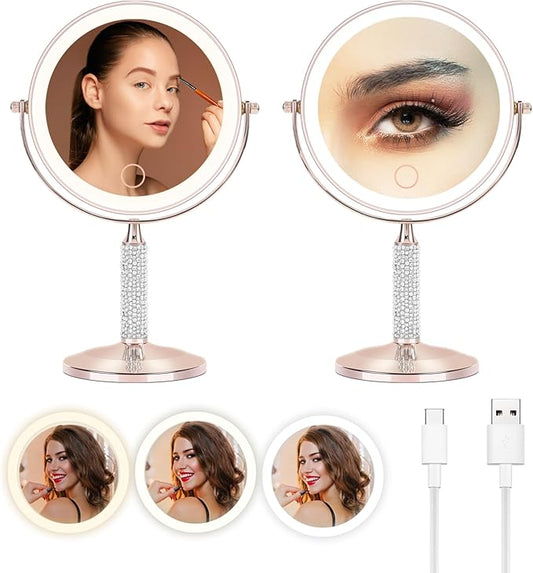 Senshuerjie 7" Rose Gold Glitter Diamond Rhinestone Makeup Mirror,360°Rotate Round Tabletop Vanity Mirror Double Sided 1X/10X HD Undistorted Magnifying Mirror,Portable Vanity Women Gift (Rose Gold)