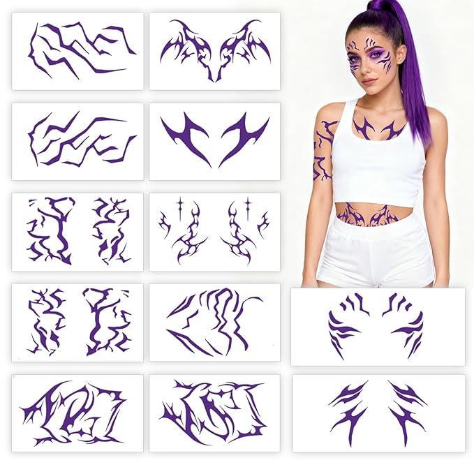 12 Sheets Cosplay Purple Temporary Tattoos，Dance Fake Tattoos Stickers for Cosplay, Halloween, Music Festival, Dance Party Makeup, Fantasy Creature Design, Fantasy Theme Costume Accessories