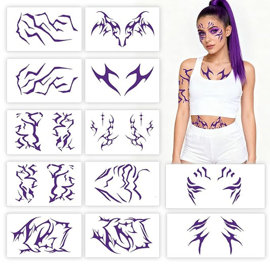 12 Sheets Cosplay Purple Temporary Tattoos，Dance Fake Tattoos Stickers for Cosplay, Halloween, Music Festival, Dance Party Makeup, Fantasy Creature Design, Fantasy Theme Costume Accessories