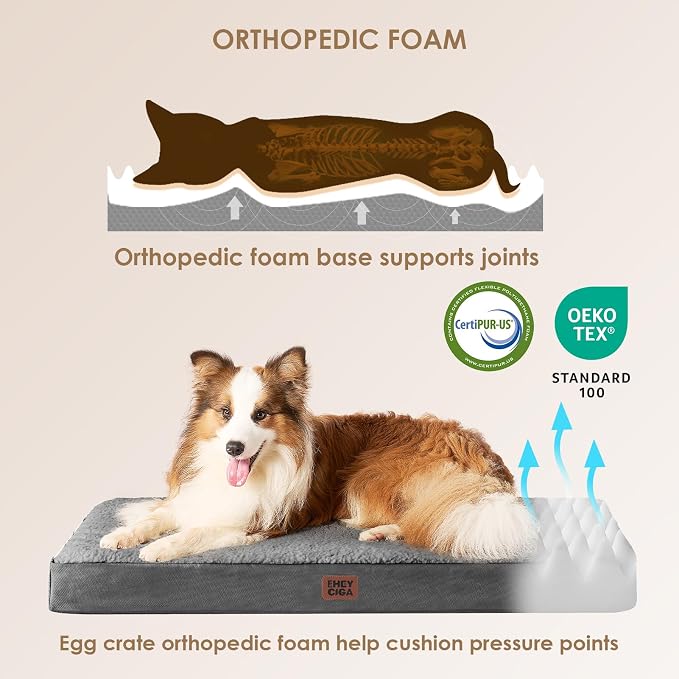 EHEYCIGA Orthopedic Dog Bed Large with Removable Washable Cover, 41IN Grey | Egg Crate Foam Support, Durable Oxford fabric, Non-Slip Bottom, Machine Washable, Soft Waterproof Plush Pet Bed Mat For Crate