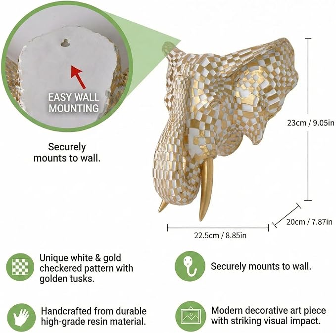 GIGICICI 9x7.8-Inch Vintage Mosaic Elephant Head Wall Sculpture Art Mount Statue for Room Bedroom Office Living Decor(White Gold)