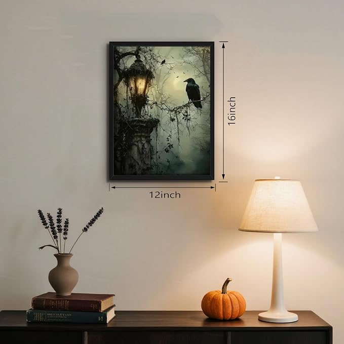 Gothic Decor Framed Wall Art, Vintage Dark Academia Canvas Prints, Horror Forest Crow Wall Decor for Living Room Bedroom Home Decor – Black Wooden Frame 12x16in