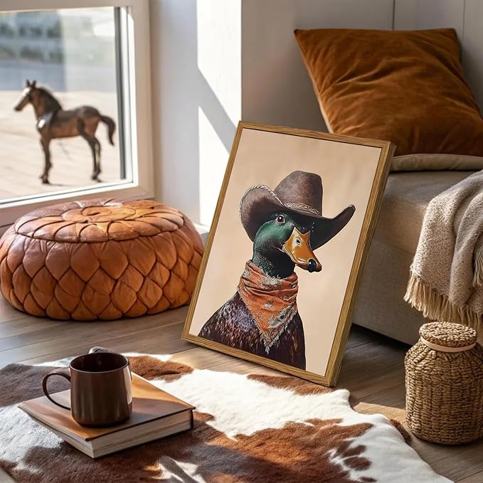 Framed Vintage Western Duck Wall Art, Cowboy Mallard Duck Pictures Wall Decor, Whimsical Farmhouse Animal Paintings Canvas Prints Rustic Home Decor for Living Room Bedroom Bathroom 16x24 inch