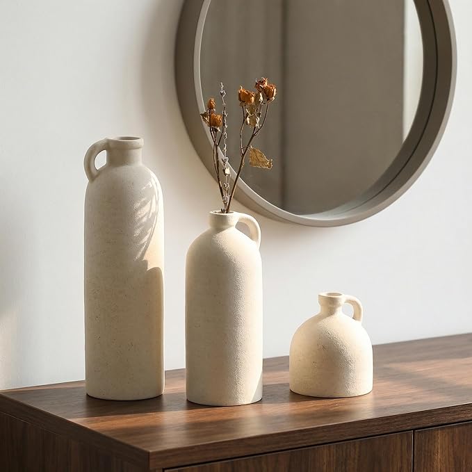 Flower Vase Set of 3, Ceramic Home Decor for Living Room - Modern Rustic Farmhouse Centerpiece for Table, Shelf & Bedroom - Decorative Vases for Office, Bathroom, Dining Desk