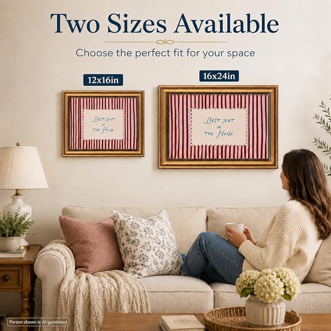 Funny Bathroom Wall Art, Vintage Gold Framed Best Seat in the House, 16x24 | Red striped canvas with Best Seat in the House quote, rustic farmhouse decor for bathroom, living room, bedroom or entryway