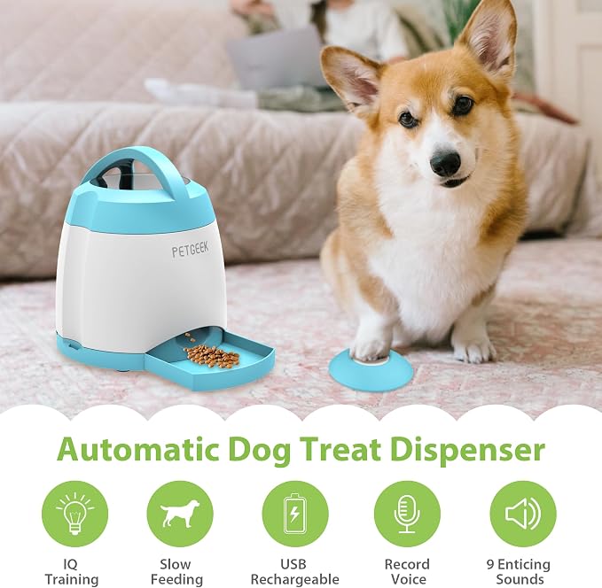 PETGEEK Dog Treat Dispenser Toy, USB-Charged Interactive Toy for IQ Play | Remote Push Button Control, 400ml Capacity Upgraded 3000mAh, Relieves Boredom, Blue Slow Feeder for Indoor& Outdoor Play