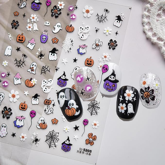 Halloween Nail Stickers for Nail Art, 5D Embossed Self-Adhesive Nail Decals Ghost Flower Spider Wed Nail Supplies Nail Art Design Accessories for Women and Girls Manicure DIY Decoration
