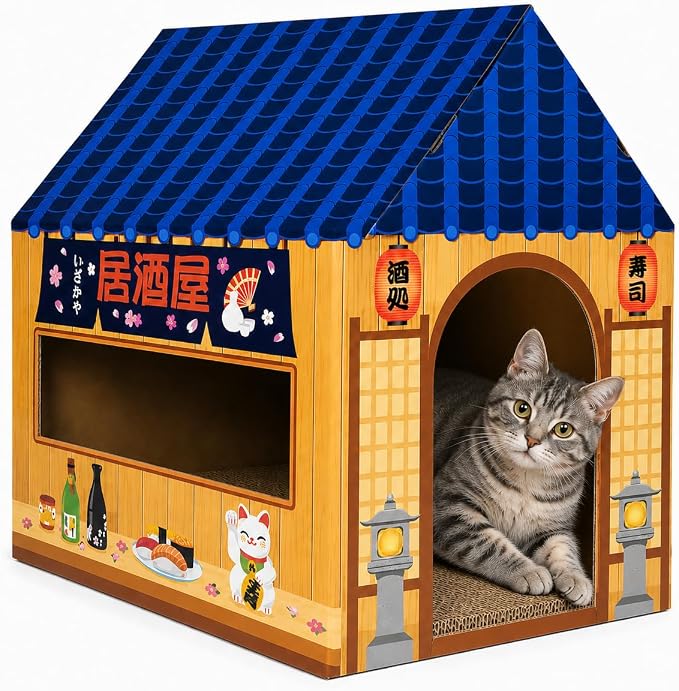 Cinrobiye Cardboard Cat House with Scratcher Izakaya Bar Pet Board Bed Cave Playhouse Hideaway Hideout Condo Decor Small Animals Scratch Box for Indoor Cats Kittens Rabbits Bunny