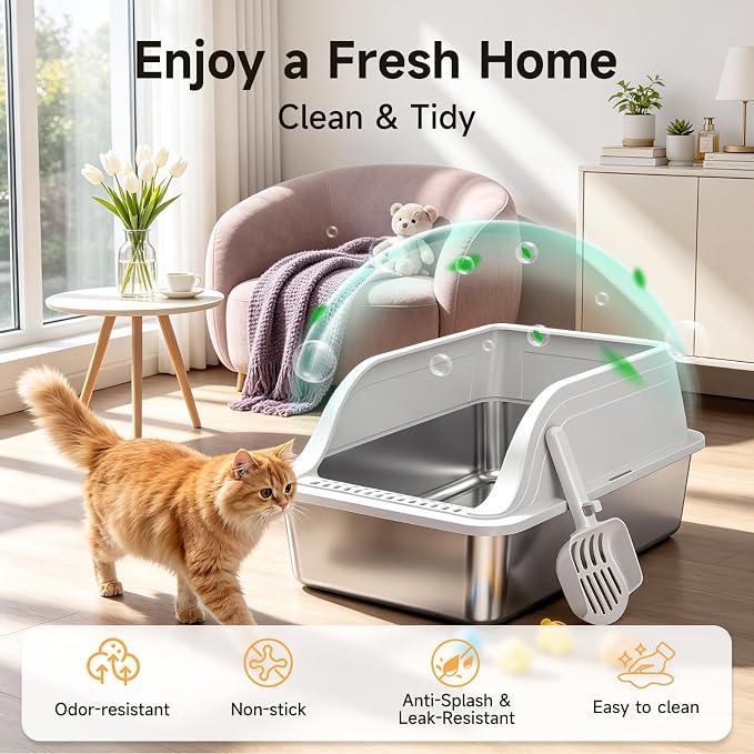High-Sided Stainless Steel XL Cat Litter Box for Cats | Open Top, Front Entry, Non-Stick & Leak-Proof, Odor Free, Scoop Included, Anti-Urine Leakage