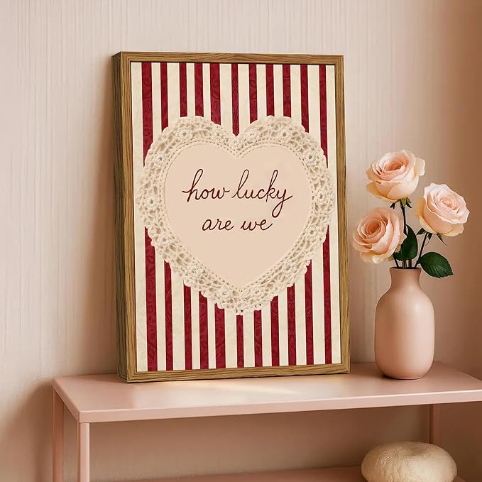 Framed How Lucky Are We Wall Art, Vintage Red Striped Pictures Wall Decor, Romantic Lace Heart Quote Paintings Canvas Prints Coquette Home Decor for Living Room Bedroom Bathroom 12x16 inch