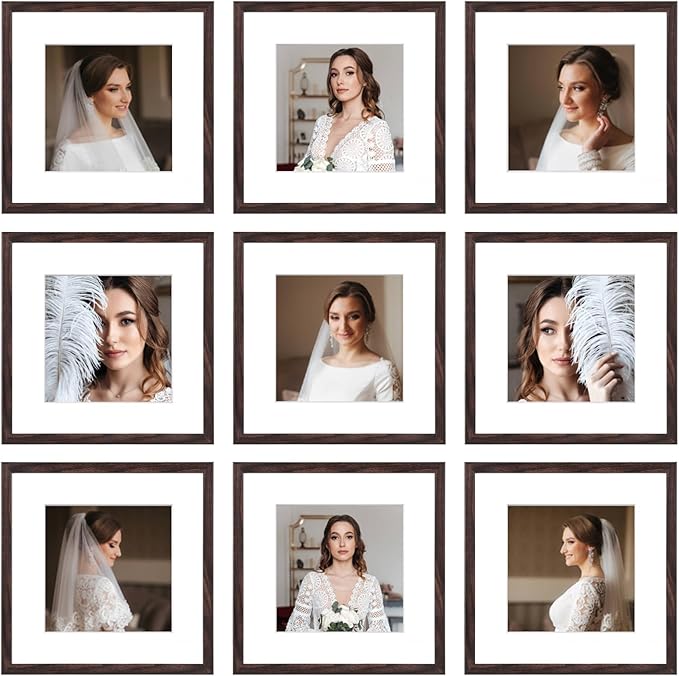 12x12 Picture Frame Set of 9, Display Pictures 8x8 with Mat or 12x12 without Mat, Multi Collage Gallery Square Photo Frames for Wall or Tabletop, Brown