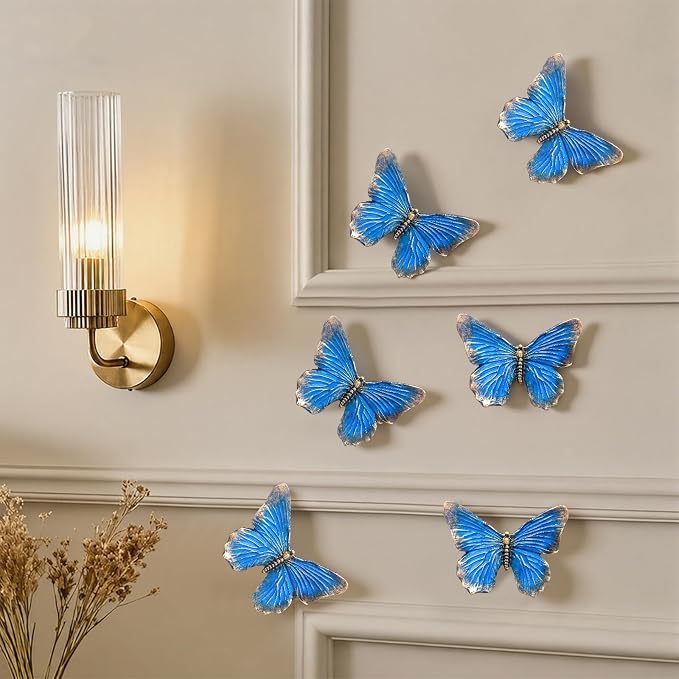 GUSFREUD 3D Butterfly Wall Decor Set – Resin Wall Decor for Living Room, Bedroom, Bathroom, Dining Room, Outdoor and Gallery Walls - Antique Blue - Set of 3