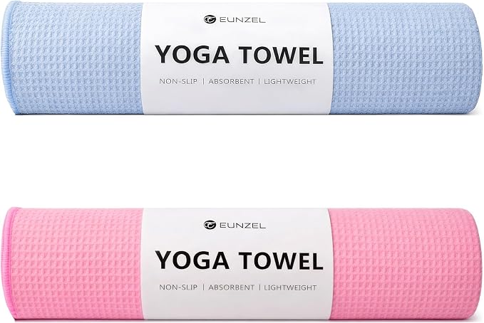 Eunzel 2 Pack Hot Yoga Towel, Non-Slip Yoga Mat Towel with Grip Dots Stickyfiber Sweat Absorbent Towel for Hot Yoga, Pilates and Workout 72" x 24", Blue/Pink