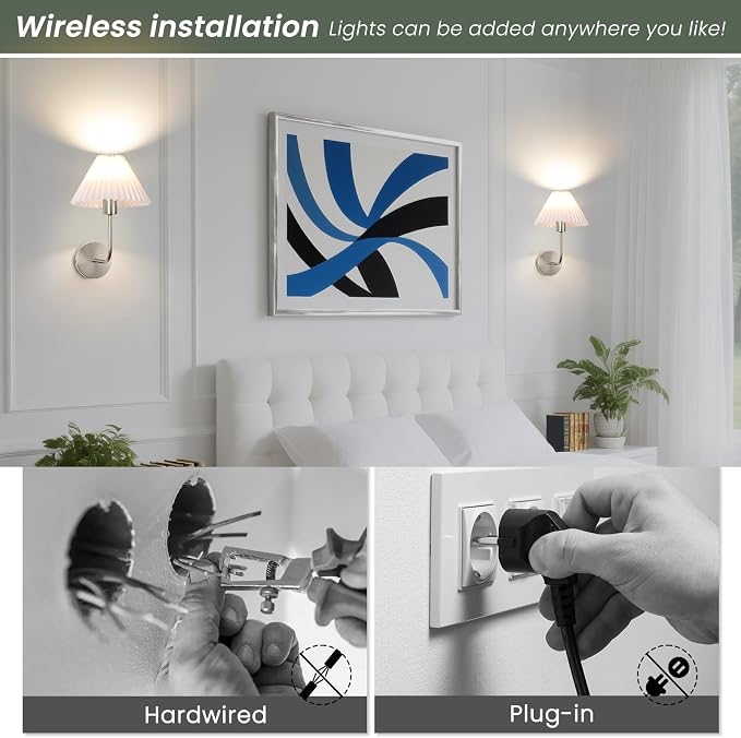 Wireless Wall Sconce Sets of 2, Pleated Shades Rechargeable Battery Operated Wall Sconce, Retro Industrial Brushed Nickel Bathroom Vanity Lights, Wall Mounted Lamps for Bedroom Living Room Hallway