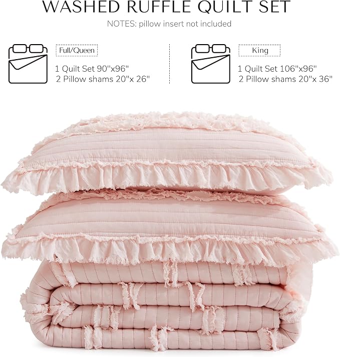 Ultra Soft Ruffle Fringed Quilt King Size,Shabby Chic Rustic Pink Bedding Set, Stone Washed Boho Decorative Quilt with 2 Pillow Shams for All Season