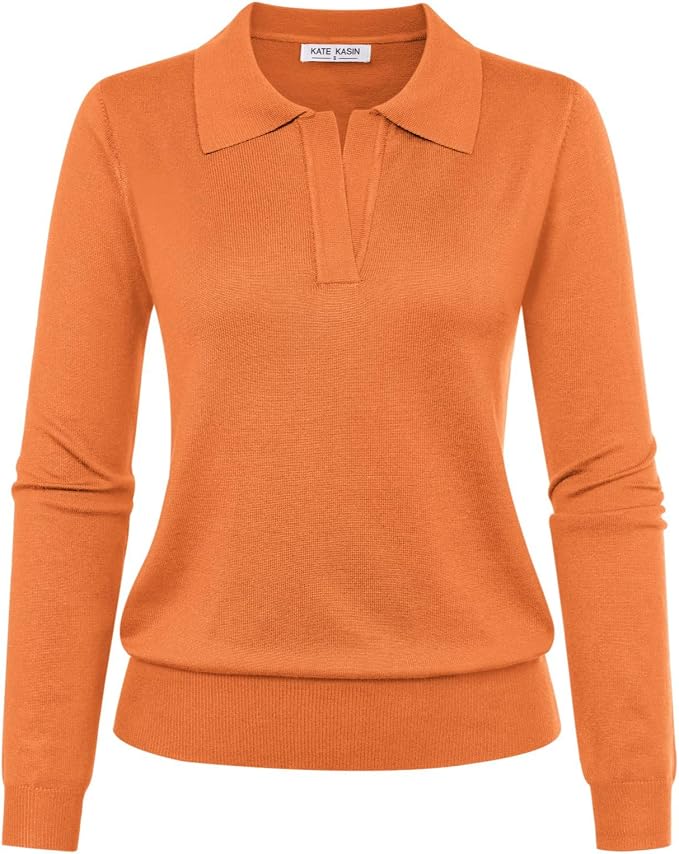 Women's Long Sleeve Classic V Neck Casual Fall Winter Polo Sweater Tops | Basic Collared Knitted Fashion Work Business Formal Daily Wear Versatile Pullover Shirts