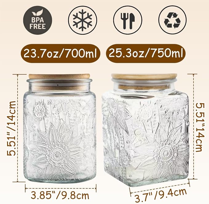 Set of 2 Vintage Glass Storage Jars, Candy Jars with Lids | Coffee Jars, Kitchen Canisters for Coffee Tea Sugar Candy Cookie, Decorative Mason Jars Cute Jars (25.3oz/23.7oz)