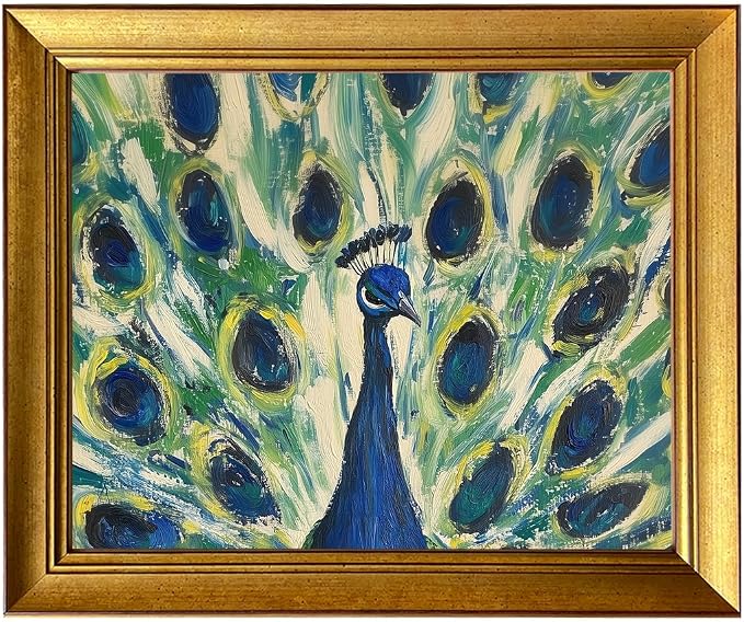 Gold Framed Wall Art Vintage Peacock Canvas Print Colorful Peacock Oil Painting Bird Boho Artworks for Bedroom Living Room Bathroom Decor