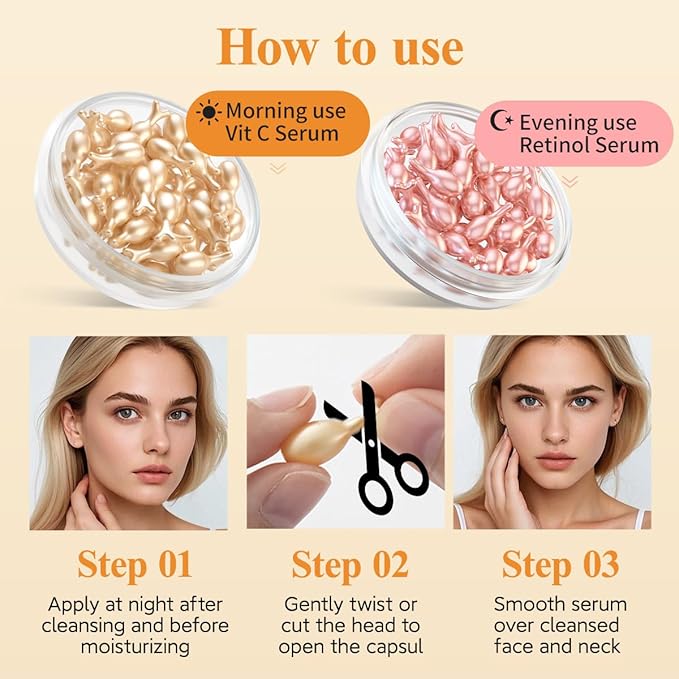 HKH Vitamin C & Retinol Serum for Face - Vit C Oil Capsules with Niacinamide Anti Aging Skincare - Vit A Night Serum Capsules for Women - Moisturise Smooth Fine Lines Even Tone Firming Skin (38+38 ct)