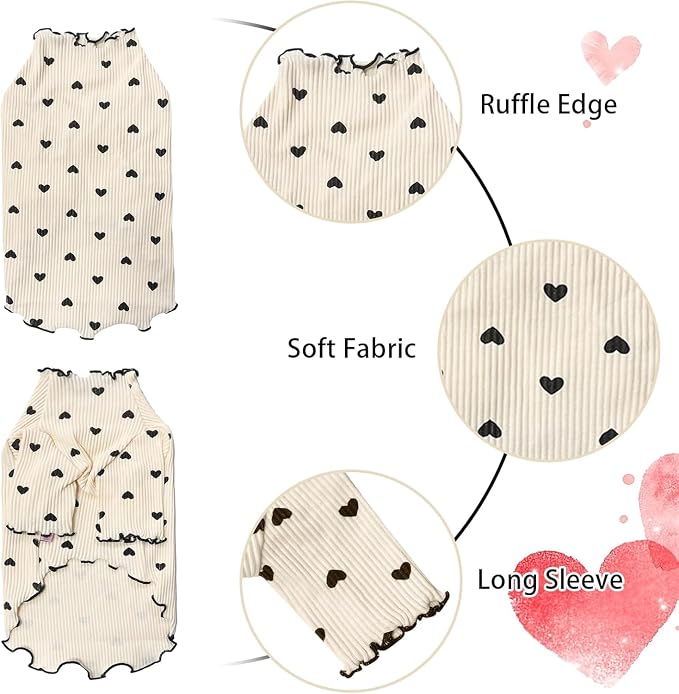 Pet Clothes for Small Dogs Cat Summer Fall Heart Print Shirt Stretchable Ruffle Long Sleeve Outfits for Chihuahua Schnauzer Shih Tzu Yorkie (Coffee, Medium)