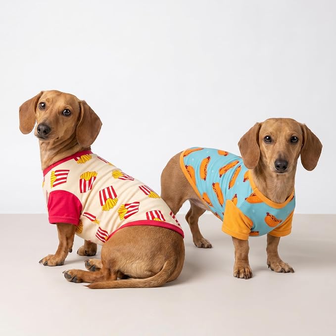 Fitwarm 2 Pack Hot Dogs & French Fries Dog Shirt, Funny Summer Clothes for Small Dogs Boy Girl, Cozy Pet Outfit, Beige, Blue, Small