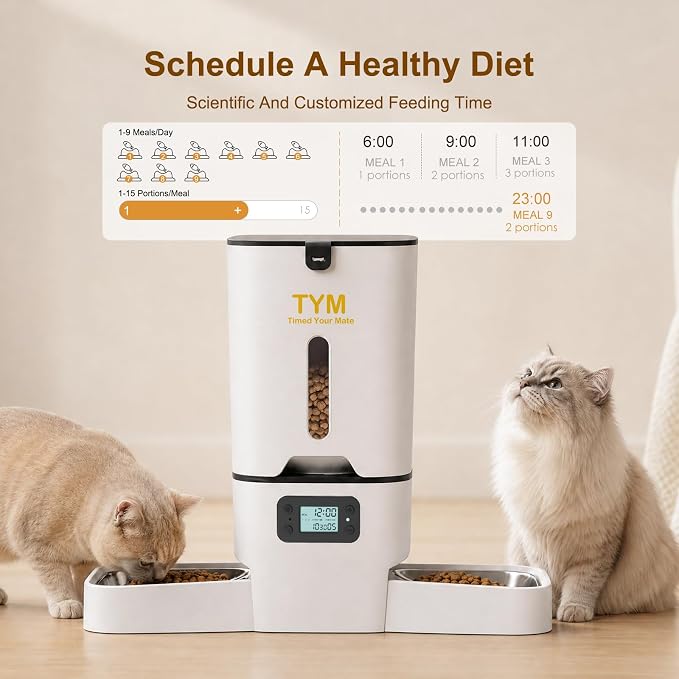 Automatic Cat Feeder 2 Cats, 7L Dry Cat Food Dispenser with Double Bowls | Multi-pet Household | Large Capacity Grain Storage Box | Anti Food Stealing | Weight / Diet Control | Fresh Food | Dual Power