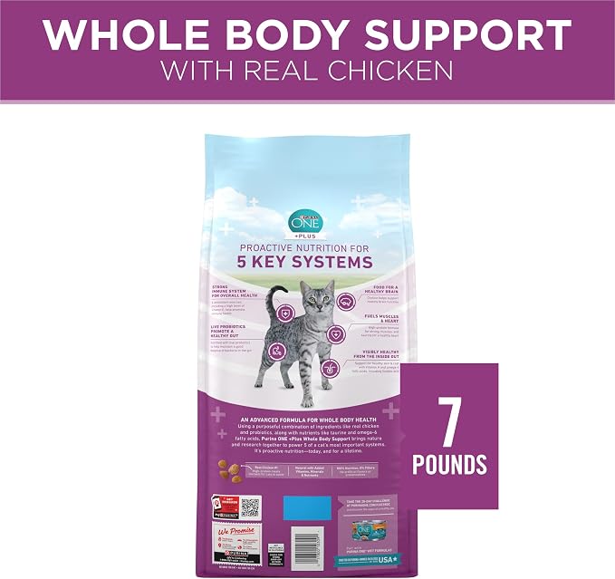 Purina ONE Plus Whole Body Support Chicken Dry Cat Food 7 lb Bag | High protein cat food with live probiotics, taurine, vitamin E, choline and omega-6 fatty acids for whole body support